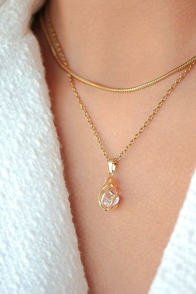 Golden Teardrop Cage 24K CZ Necklace